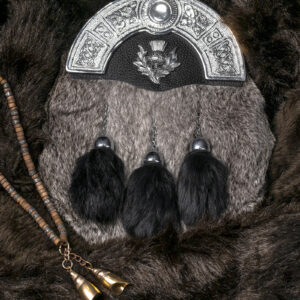 UMAM Traditional Scottish Full and Semi Dress Celtic Sporran in Real Leather and different furs - Kilt Sporran and Belt - Rabbit Grey