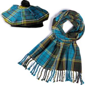 UMAM Scottish Traditional Set of Tam o' Shanter Flat Bonnet, Acrylic Wool Kilt Hat and Scarf in Many Tartans