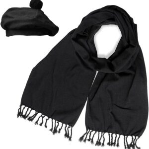 UMAM Scottish Traditional Set of Tam o' Shanter Flat Bonnet, Acrylic Wool Kilt Hat and Scarf in Many Tartans - Black Plain