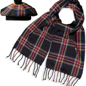 UMAM Scottish Traditional Set of Tam o' Shanter Flat Bonnet, Acrylic Wool Kilt Hat and Scarf in Many Tartans - Black Stewart