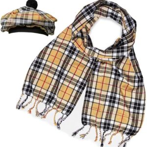 UMAM Scottish Traditional Set of Tam o' Shanter Flat Bonnet, Acrylic Wool Kilt Hat and Scarf in Many Tartans - Campbell of Thompson