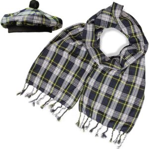 UMAM Scottish Traditional Set of Tam o' Shanter Flat Bonnet, Acrylic Wool Kilt Hat and Scarf in Many Tartans - Dress Gordon