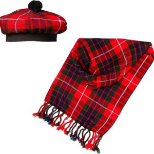 UMAM Scottish Traditional Set of Tam o' Shanter Flat Bonnet, Acrylic Wool Kilt Hat and Scarf in Many Tartans - Fraser