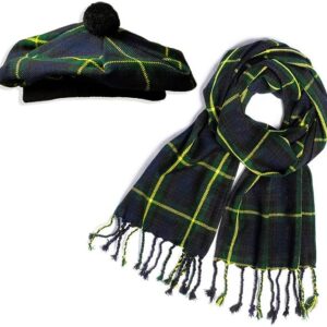 UMAM Scottish Traditional Set of Tam o' Shanter Flat Bonnet, Acrylic Wool Kilt Hat and Scarf in Many Tartans - Gordon