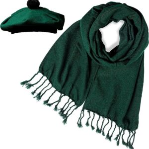 UMAM Scottish Traditional Set of Tam o' Shanter Flat Bonnet, Acrylic Wool Kilt Hat and Scarf in Many Tartans - Green Plain