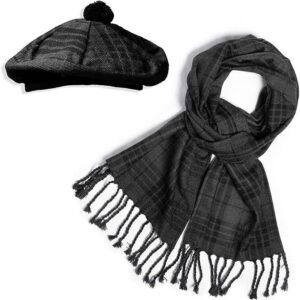 UMAM Scottish Traditional Set of Tam o' Shanter Flat Bonnet, Acrylic Wool Kilt Hat and Scarf in Many Tartans - Grey Watch