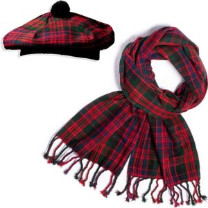 UMAM Scottish Traditional Set of Tam o' Shanter Flat Bonnet, Acrylic Wool Kilt Hat and Scarf in Many Tartans - Macdonald
