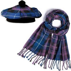 UMAM Scottish Traditional Set of Tam o' Shanter Flat Bonnet, Acrylic Wool Kilt Hat and Scarf in Many Tartans - Pride of Scotland
