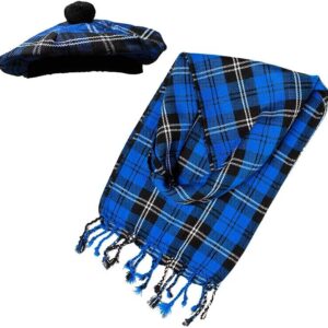 UMAM Scottish Traditional Set of Tam o' Shanter Flat Bonnet, Acrylic Wool Kilt Hat and Scarf in Many Tartans - Ramsay Blue