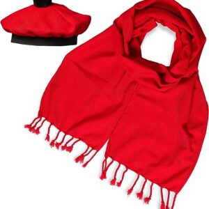 UMAM Scottish Traditional Set of Tam o' Shanter Flat Bonnet, Acrylic Wool Kilt Hat and Scarf in Many Tartans - Red Plain