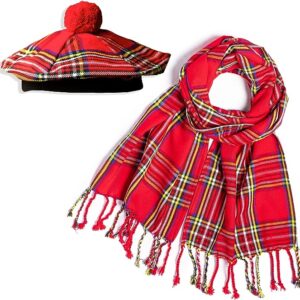 UMAM Scottish Traditional Set of Tam o' Shanter Flat Bonnet, Acrylic Wool Kilt Hat and Scarf in Many Tartans - Royal Stewart