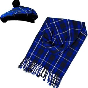 UMAM Scottish Traditional Set of Tam o' Shanter Flat Bonnet, Acrylic Wool Kilt Hat and Scarf in Many Tartans - Scottish Blue