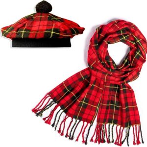 UMAM Scottish Traditional Set of Tam o' Shanter Flat Bonnet, Acrylic Wool Kilt Hat and Scarf in Many Tartans - Wallace