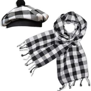 UMAM Scottish Traditional Set of Tam o' Shanter Flat Bonnet, Acrylic Wool Kilt Hat and Scarf in Many Tartans - White and Black Rob Roy