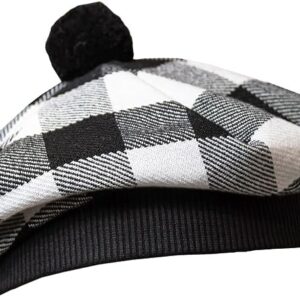 UMAM Scottish Traditional Tam o' Shatner Acrylic Wool Tammy Hat Flat Bonnet Kilt Many Tartans - White and Black Rob Roy