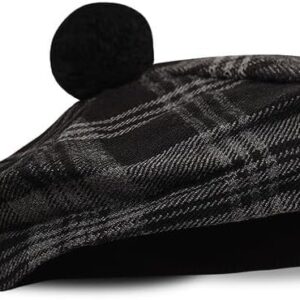 UMAM Scottish Traditional Tam o' Shatner Acrylic Wool Tammy Hat Flat Bonnet Kilt Many Tartans - Grey Black